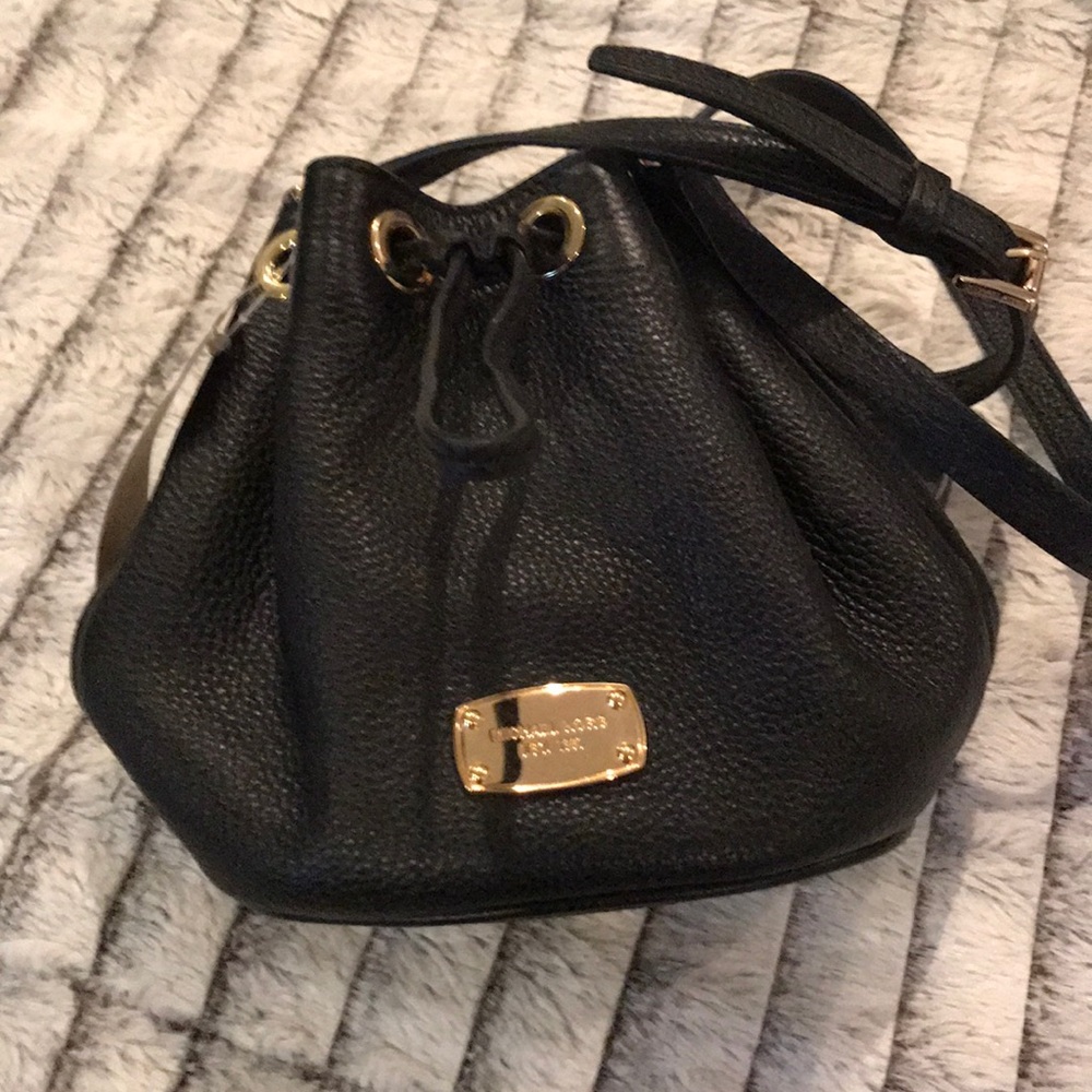Michael Kors Black Pebbled Leather Drawstring Crossbody Bag with Gold Hardware